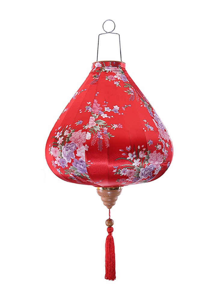 Chinese Cloth Lantern Painted Red Flowers Traditional Home Garden Hanging Decorative Lampshade 16"