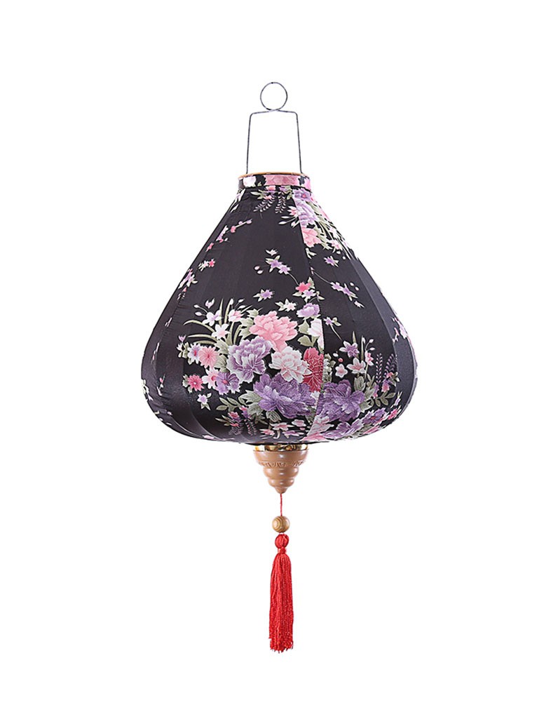 Chinese Cloth Lantern Painted Black Flowers Creative Home Garden Hanging Decorative Lampshade 16"