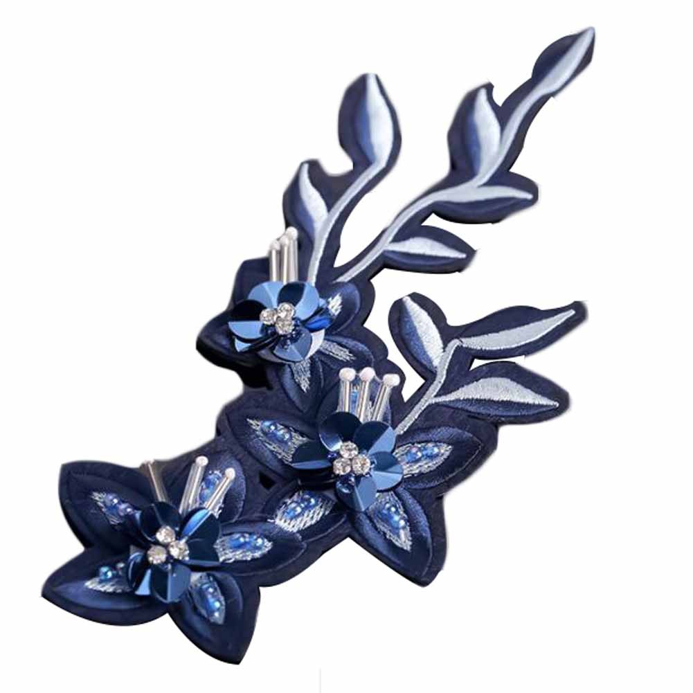 1 Piece Blue Flower Embroidered Applique DIY Sequin Applique Patch Beaded Rhinestone Sew on Applique