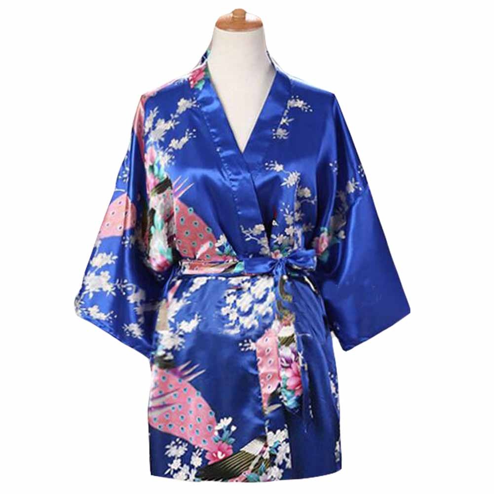 Royal Blue-Women's Silk-like Pajamas Short Bathrobe Kimono Robe Peacock/Blossoms