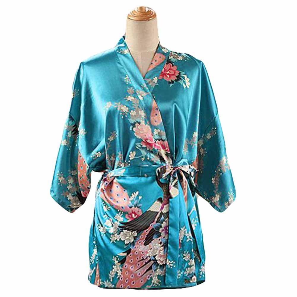 Turquoise -Women's Silk-like Pajamas Short Bathrobe Kimono Robe Peacock/Blossoms