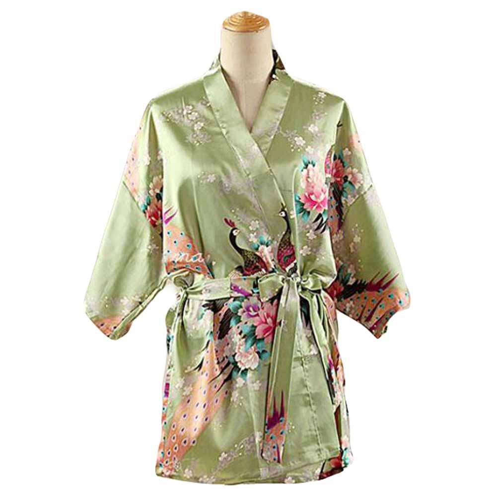 Pea Green- Women's Silk-like Pajamas Short Bathrobe Kimono Robe Peacock/Blossoms