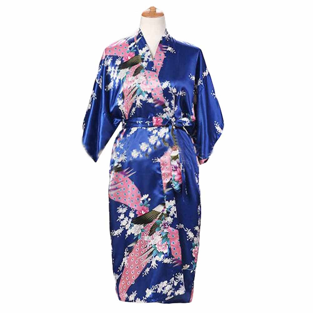 Royal Blue -Peacock/Blossoms Women's Long Bathrobe Kimono Robe Silk-like Pajamas