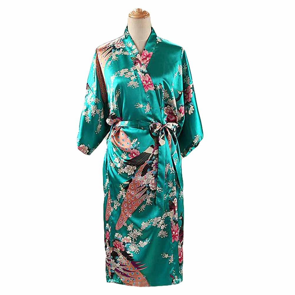 Green - Peacock/Blossoms Women's Long Bathrobe Kimono Robe Silk-like Pajamas