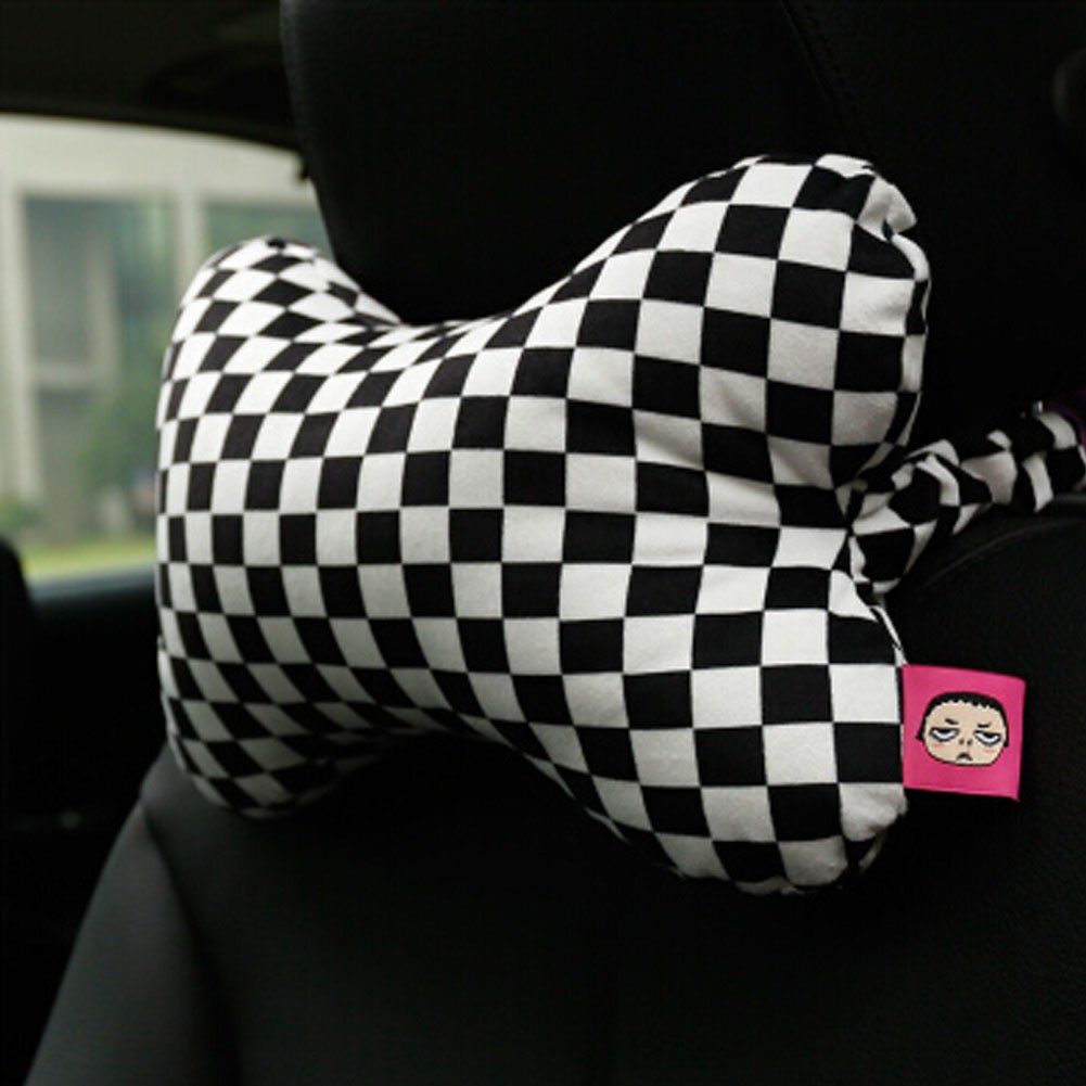 Cute Cartoon Dog Bone Series [Black&White Grid] Car Headrest/Car Neck Pillow