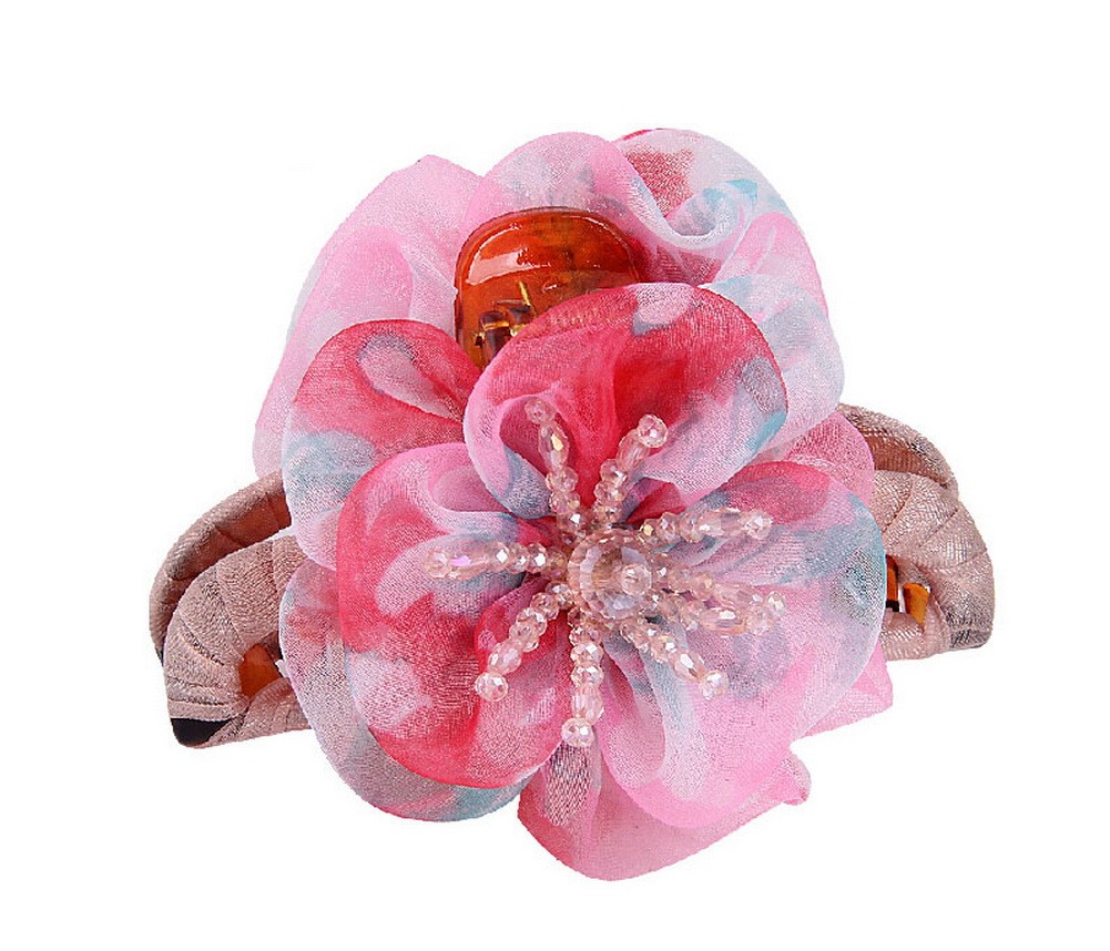 Delicate Flower Chiffon Beaded Hair Claw Pink