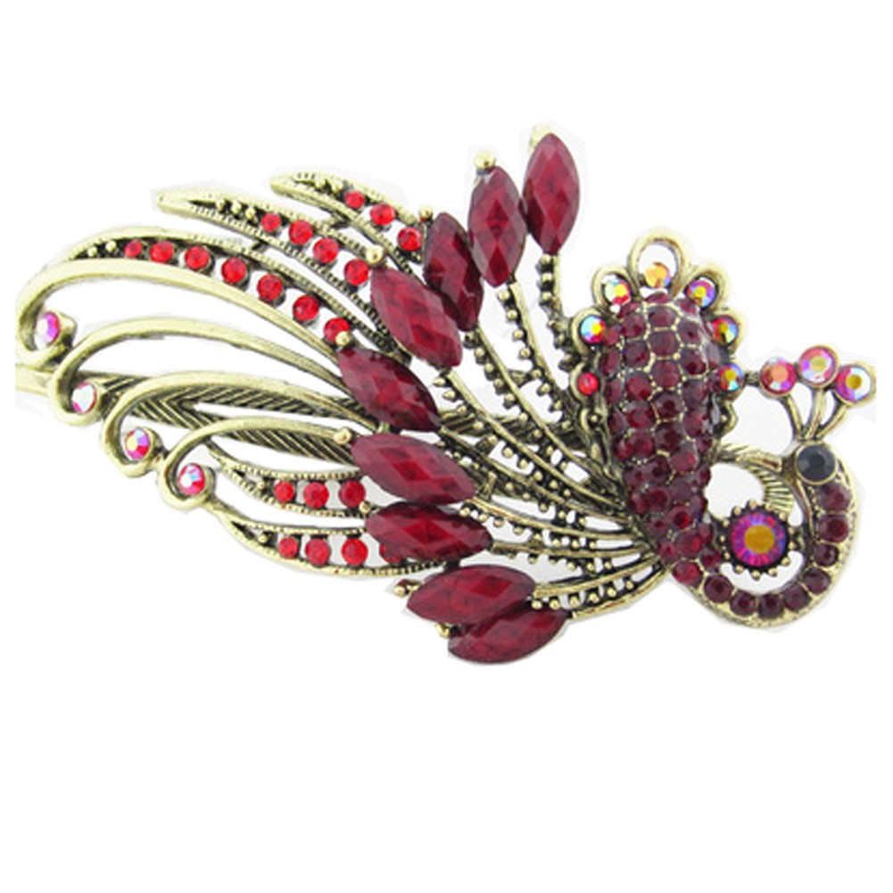 Retro Peacock Pattern Luxury Aulic Style Crystal Bronze Alloy Hair Claws, Red