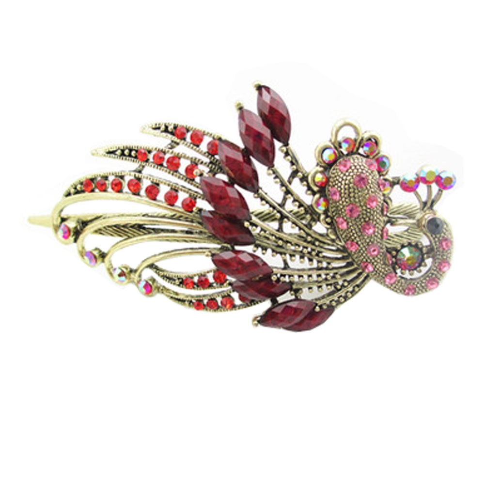 Retro Peacock Pattern Luxury Aulic Style Crystal Bronze Alloy Hair Claws, Red L