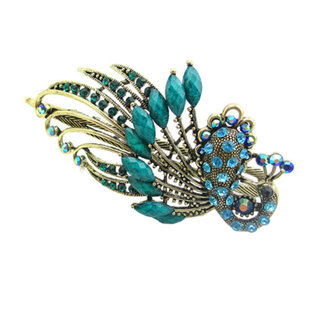 Retro Peacock Pattern Luxury Aulic Style Crystal Bronze Alloy Hair Claws, Cyan