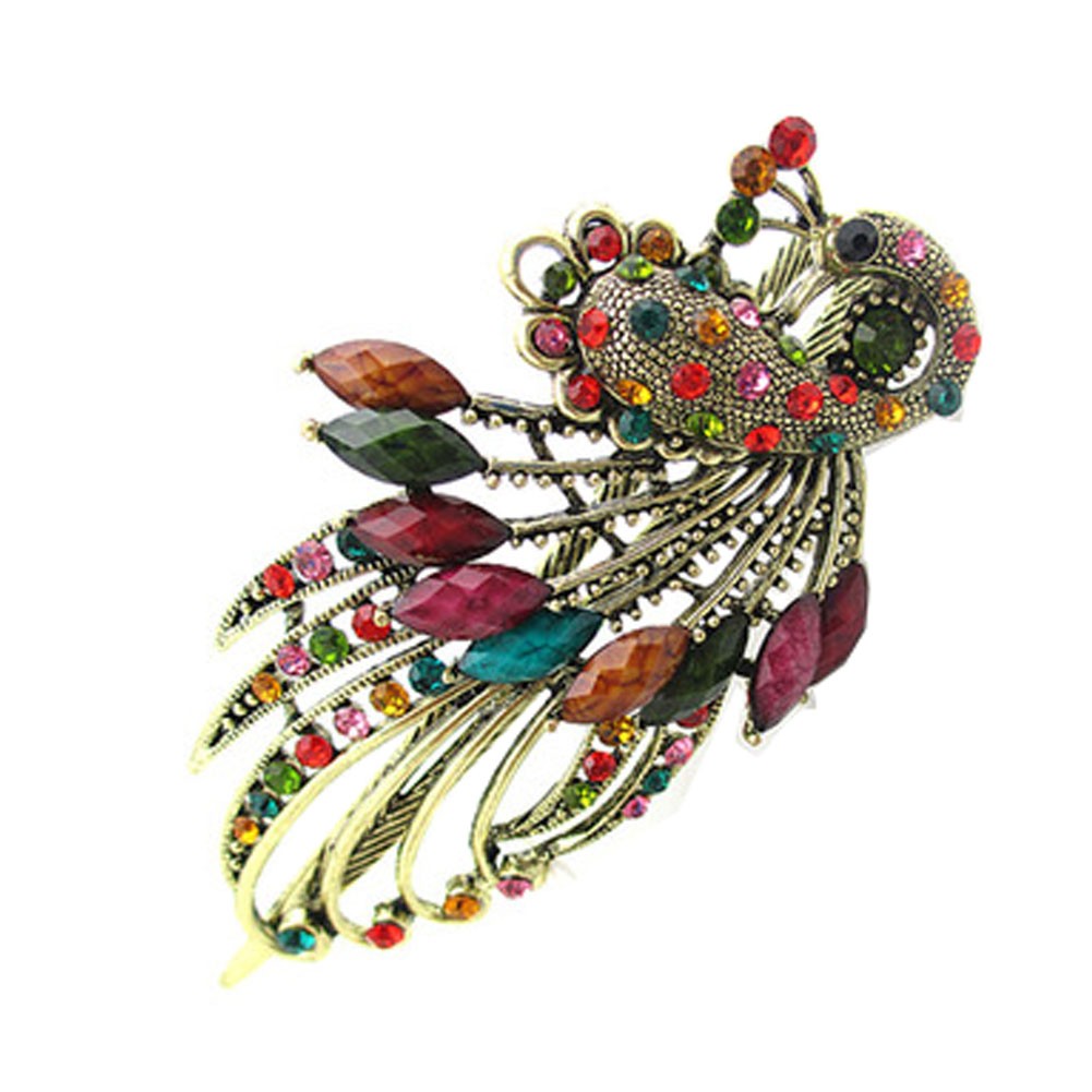 Retro Peacock Pattern Luxury Aulic Style Crystal Bronze Alloy Hair Claws, Mixed