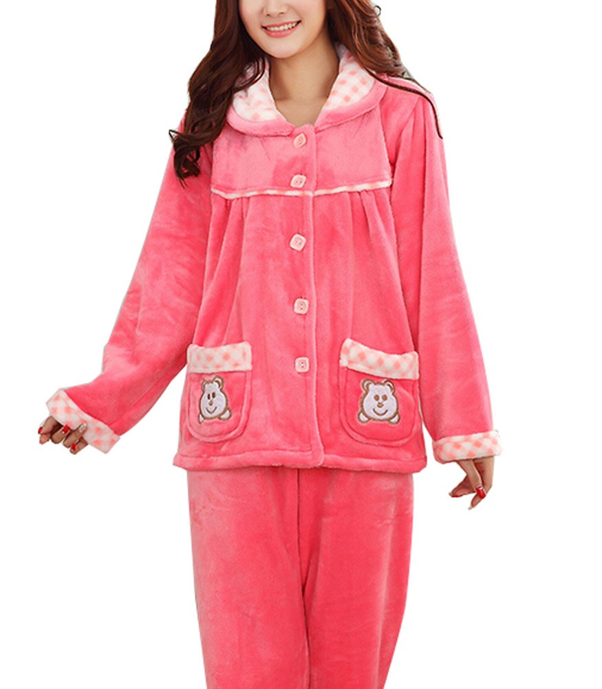 Women's Warm Cozy CORAL FLEECE Pajama Set PINK, XL (Asian Size)