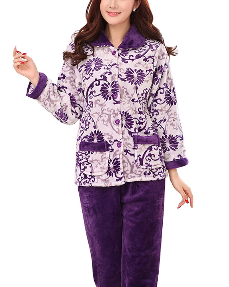 Women's Warm Cozy CORAL FLEECE Pajama Set PURPLE, XXL (Asian Size)