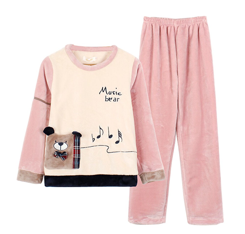 [Music Bear] Lovely Girl's Warm Flannel Pajama Set, XL (Asian Size)