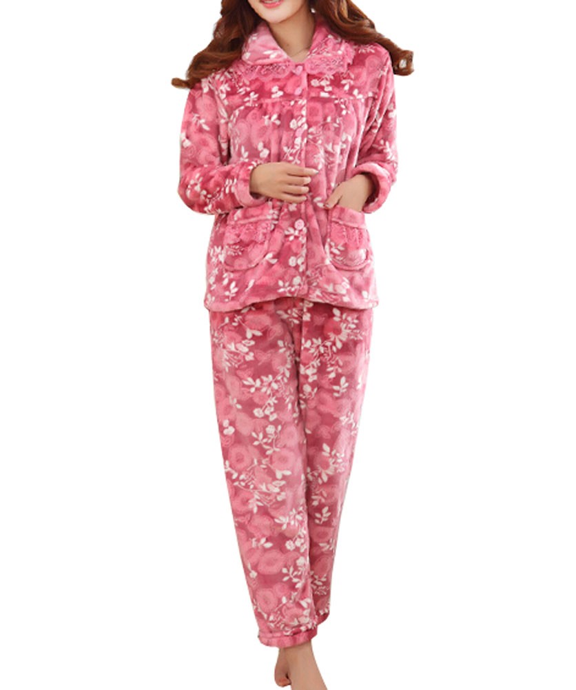 [White Flowers] Fashion Soft Warm Coral Fleece Pajama Set, L (Asian Size)