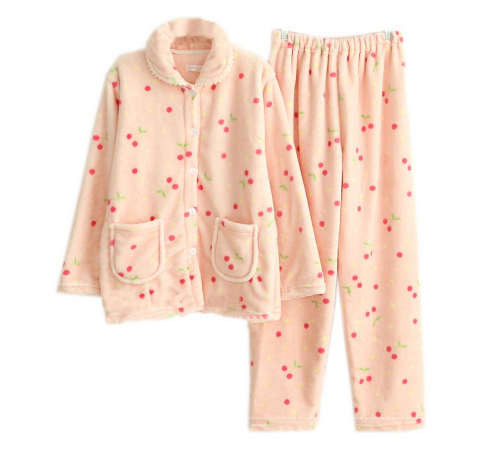 Cute Pink Cherry Coral Fleece Pajama Set for Women, Medium