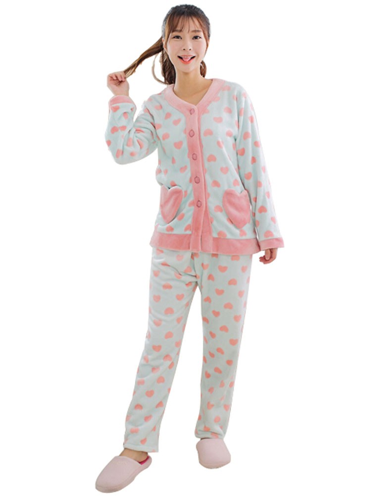 Light BLUE Heart Shape Flannel Pajama Set for Women, Medium