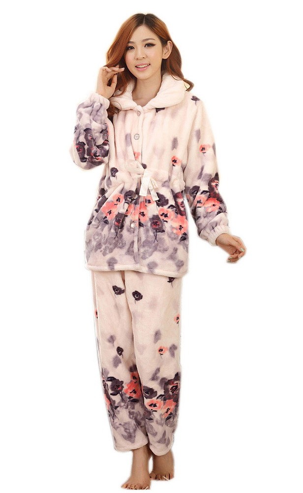 Thick Pajama Set for Women Grey Floral Print Sleepwear, Large (Asian Size)