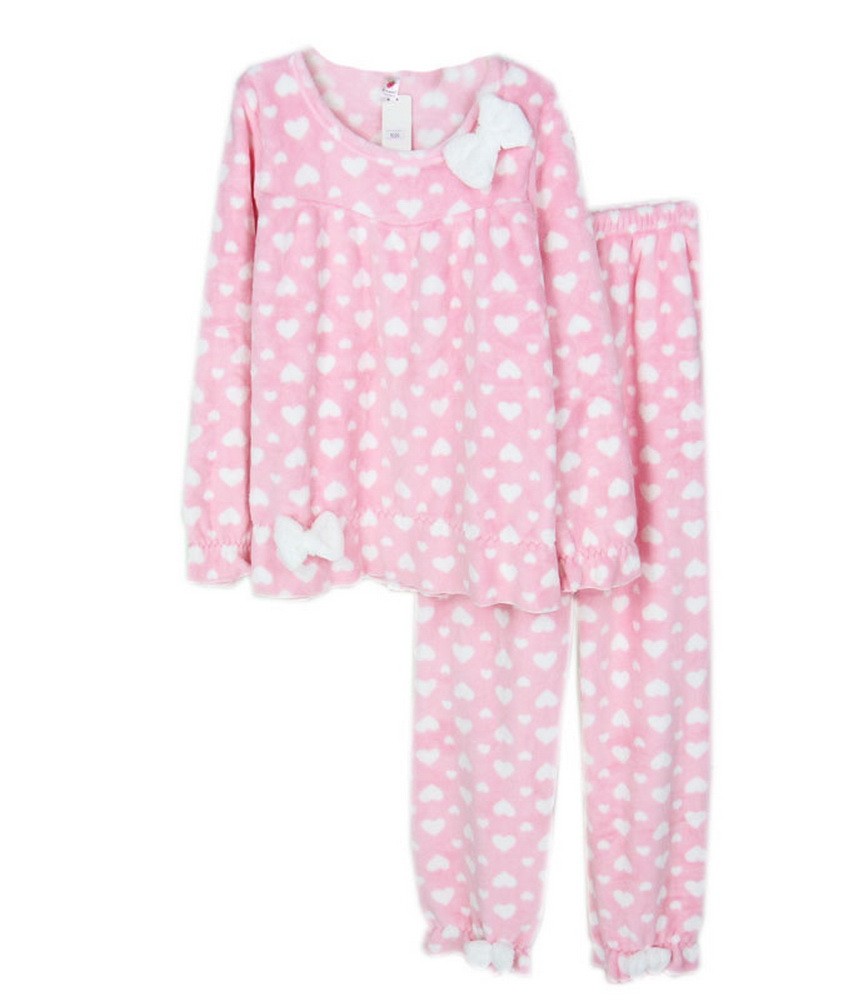 Cute Pink Heart Bow Knot Pajama Set Women, Medium