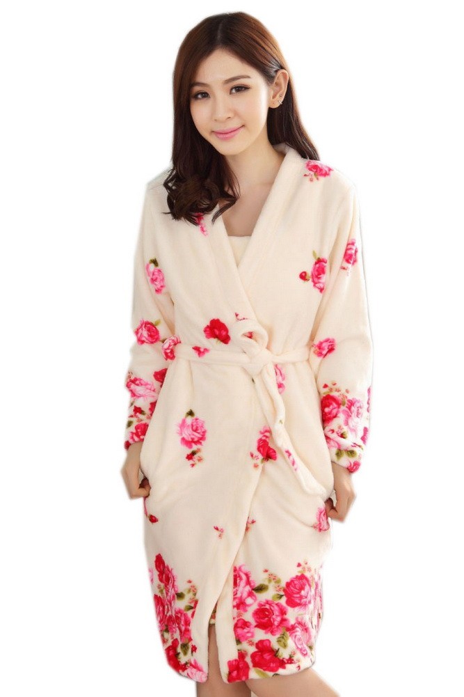 Fashion Rose Fleece Robes for Women, 2Pcs Robe & Sleep Skirt