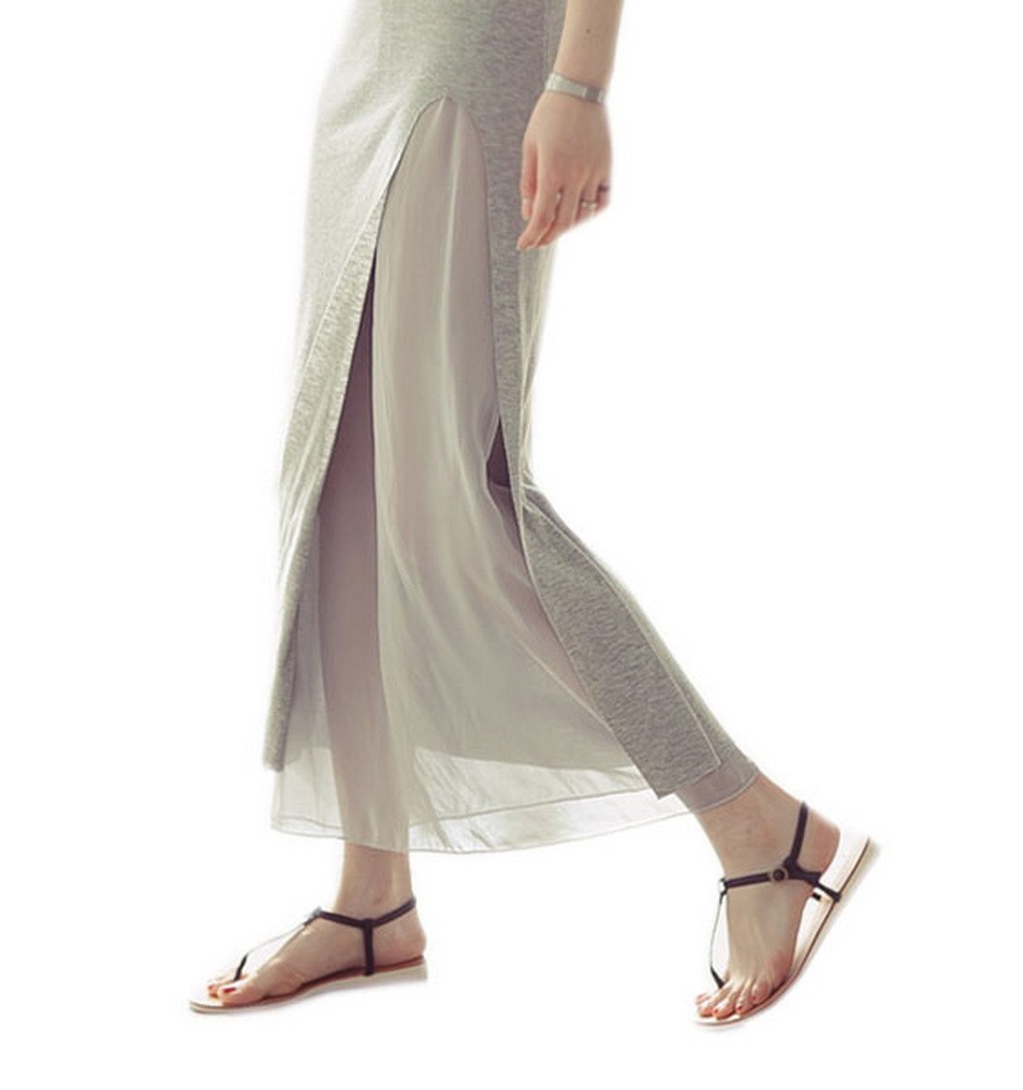 Casual Modal Long Skirt Grey Patchwork Crepe Side Vent A Line Skirt