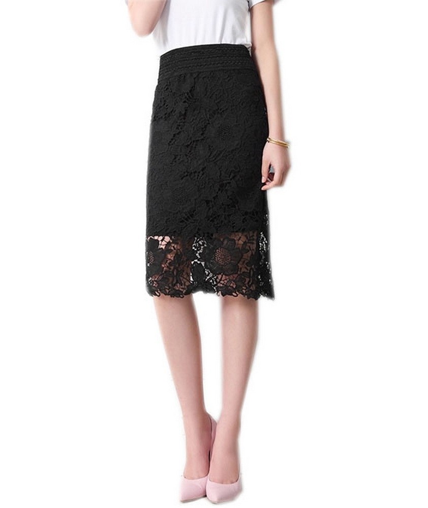 Black Knee Length Lace Skirt Modest Bodycon Skirt, Medium