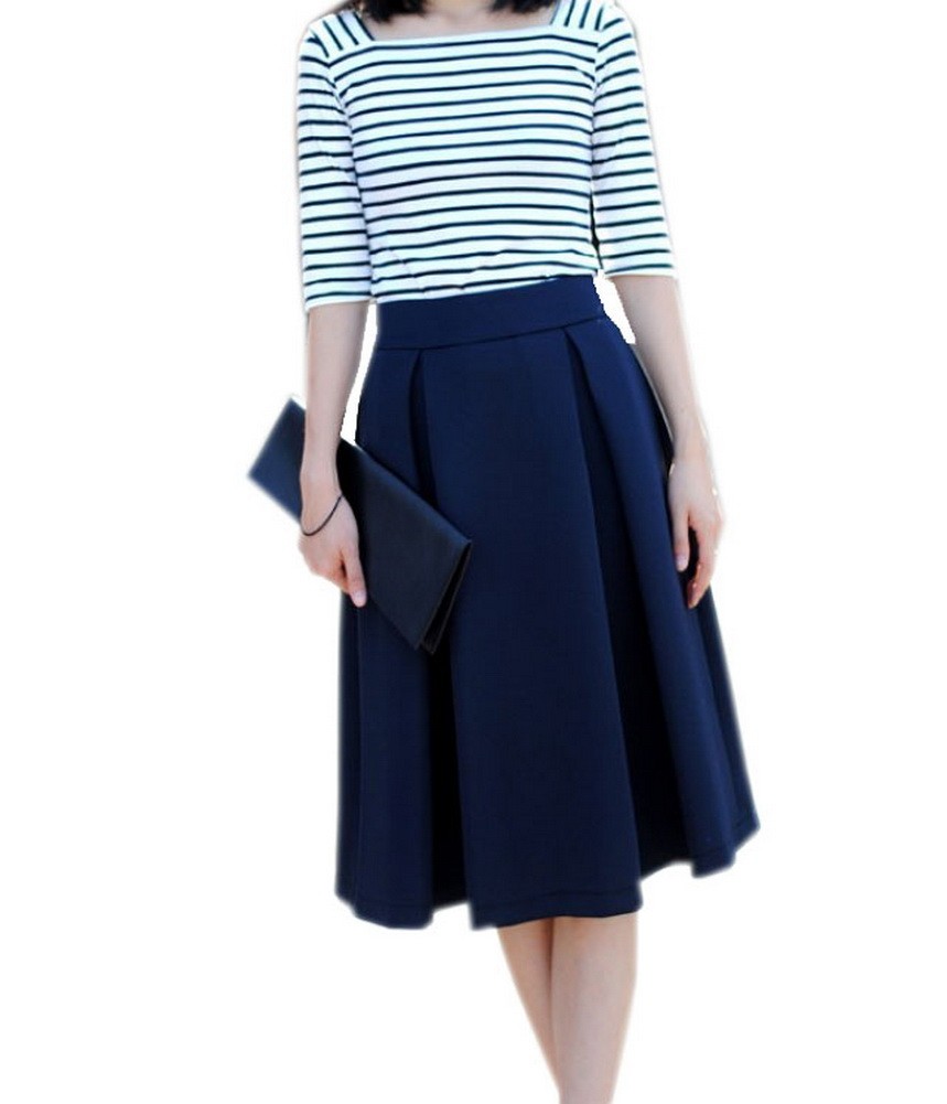 Vintage Royal Blue Full Skirt Knee Length High Waisted Pleated Skirt, Medium