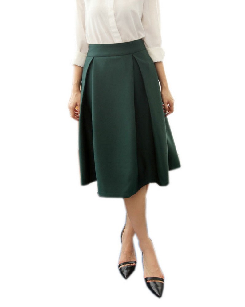 Vintage Army Green Full Skirt Knee Length High Waisted Pleated Skirt, Medium