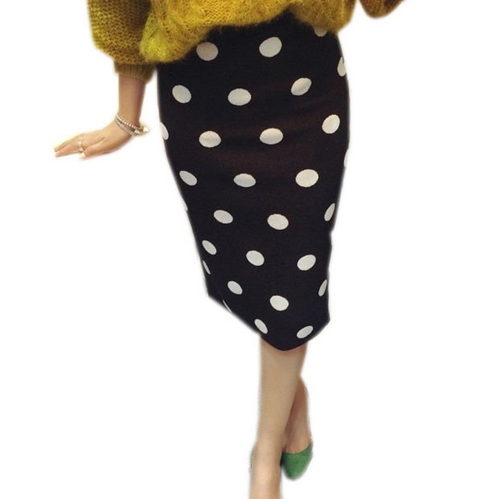 Vintage Black Polka Dot Skirt Slim Knitted Skirt, M