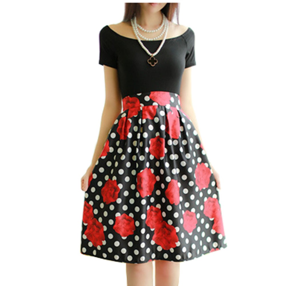 Elegant Women Pleated Vintage Skirts Floral Print Midi Skirt, Rose and Dots