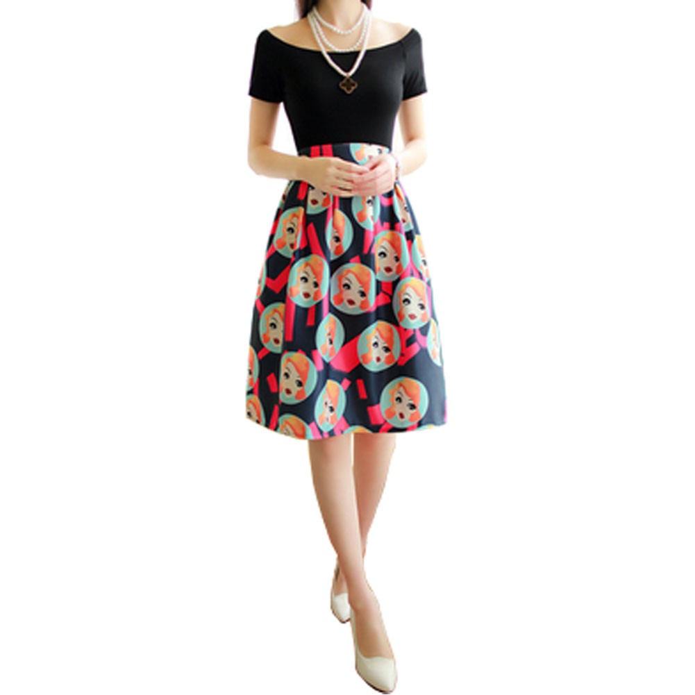 Elegant Women Pleated Vintage Skirts Floral Print Midi Skirt, Figure