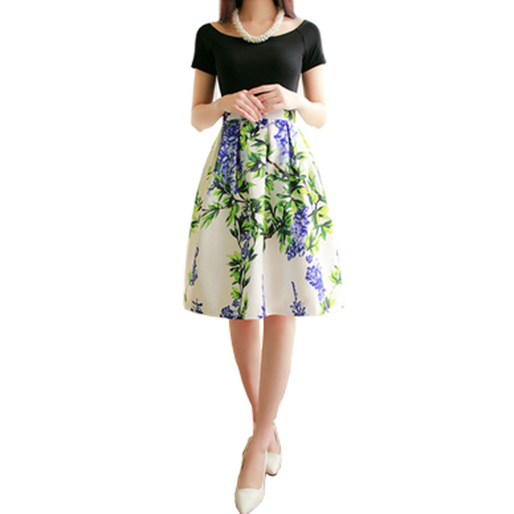 Elegant Women Pleated Vintage Skirts Floral Print Midi Skirt, Campanula