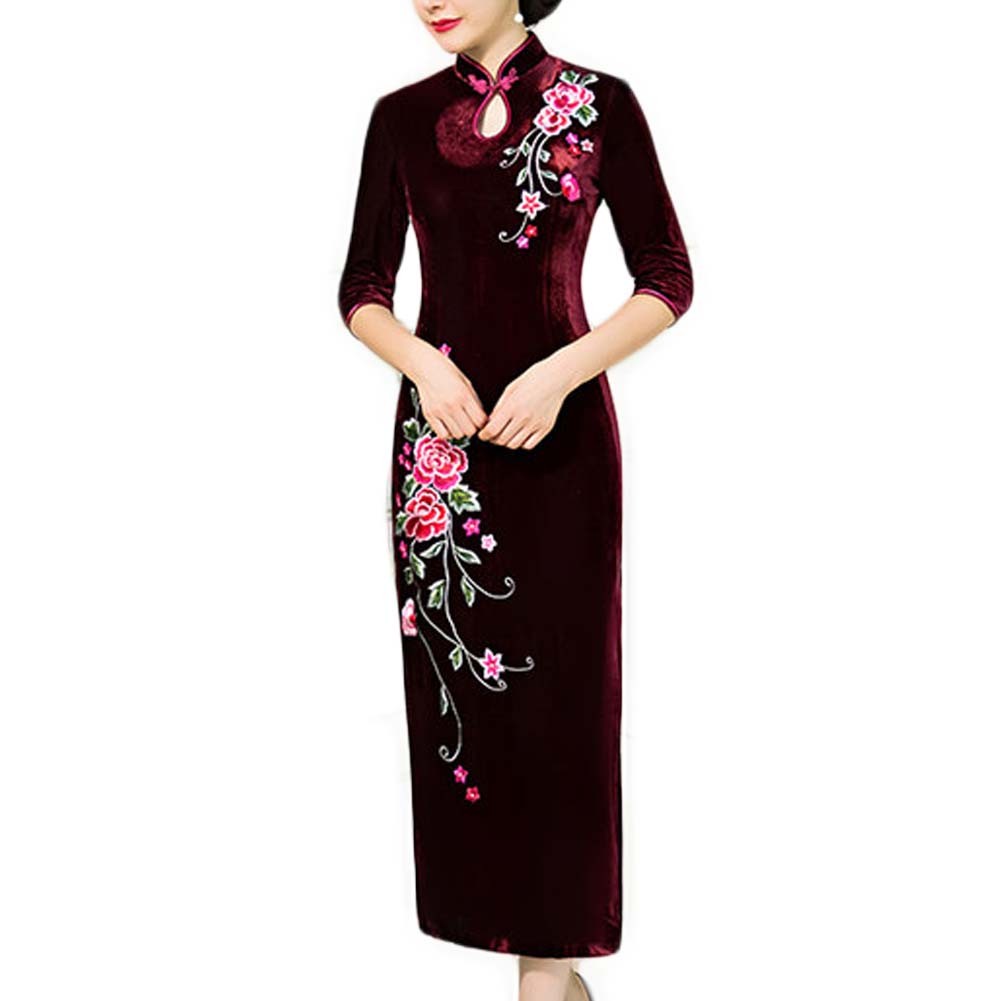 Thin Velvet Dress Mandarin Collar Long Cheongsam Chinese Traditional Dress Qipao