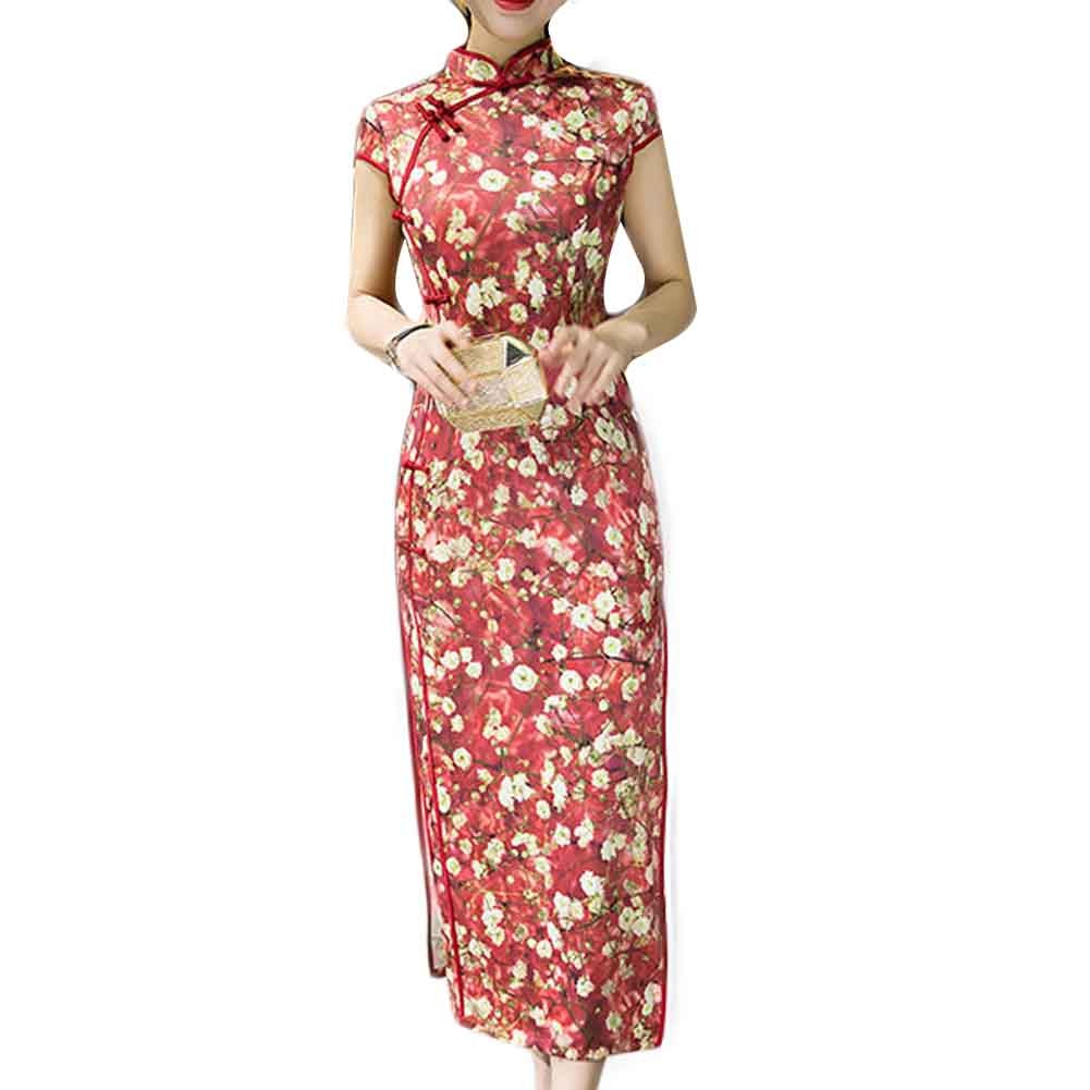 Red Dress Bodycon Long Dress Mandarin Collar Cheongsam Chinese Traditional Dress