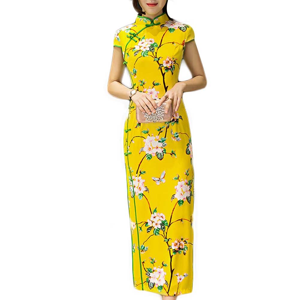 Bright Cheongsam Dress Chinese Traditional Dress Cocktail Dress Side Slits Dress