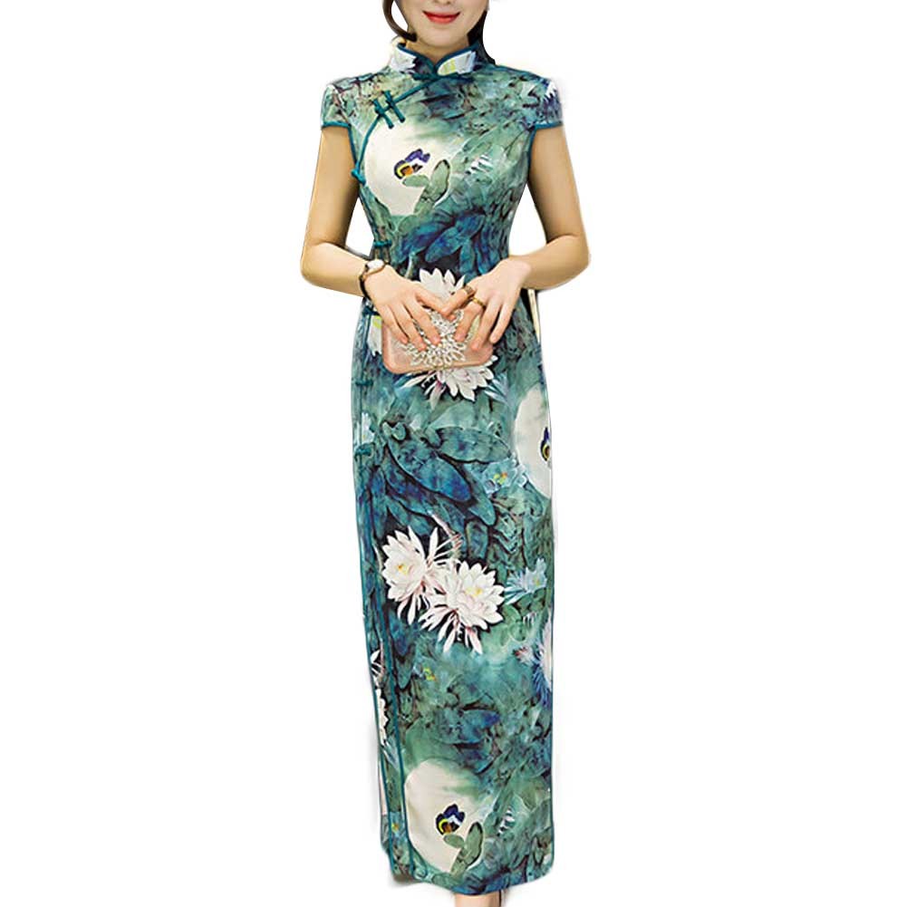 Elegant Cheongsam Dress Chinese Traditional Dress Mandarin Collar Cap Sleeve