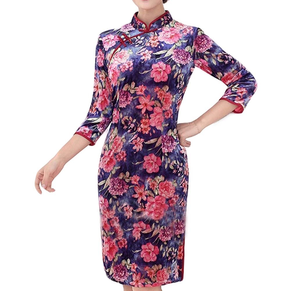 Mandarin Collar Flora Cheongsam Velvet Dress Bodycon Qipao Short Chinese Dress