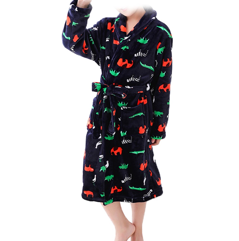 Kids Self Tie Soft Plush Bathrobe Pajamas for Boys Girls Winter Bath Homewear, Colorful Animals