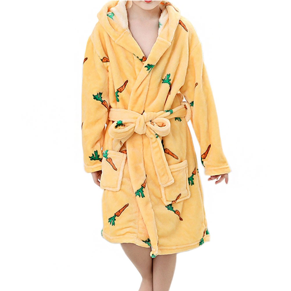 Kids Self Tie Hooded Soft Plush Bathrobe Pajamas for Boys Girls Winter Bath Homewear, Carrot