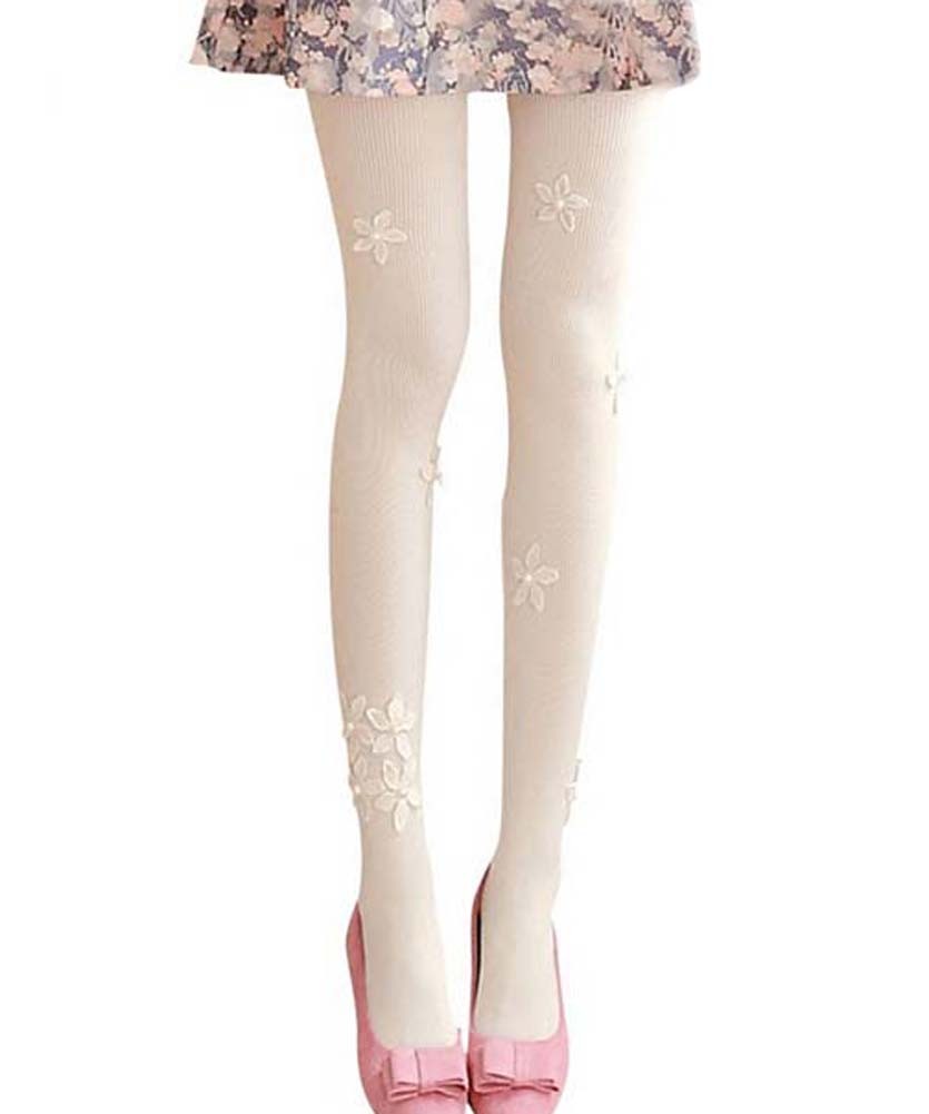 Cute Floral Border Mid Thick Stockings Tights, IVORY
