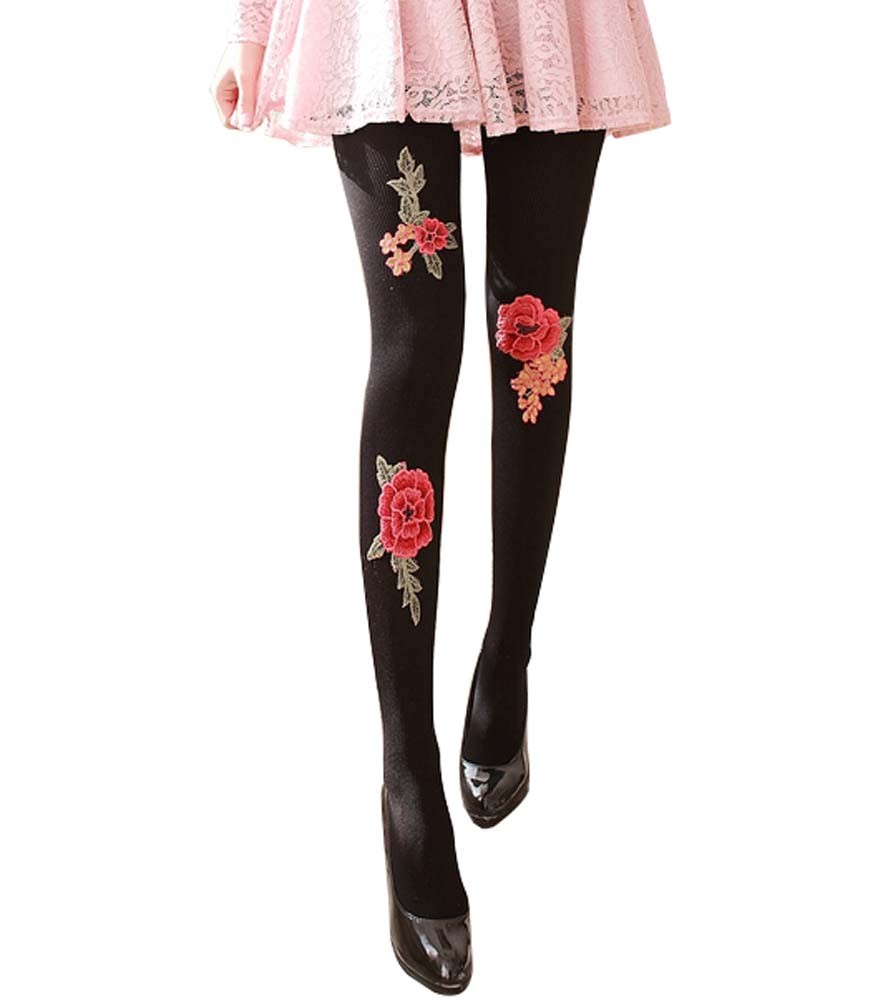 Girls Flowers Pattern Fashion Stockings Tights, Dark BLACK