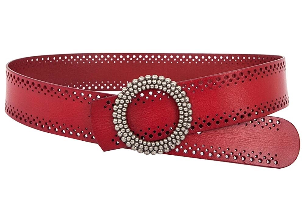 Hollowed-out Design Leather Cinch Belt Waistband Apparel Belts, Wine RED