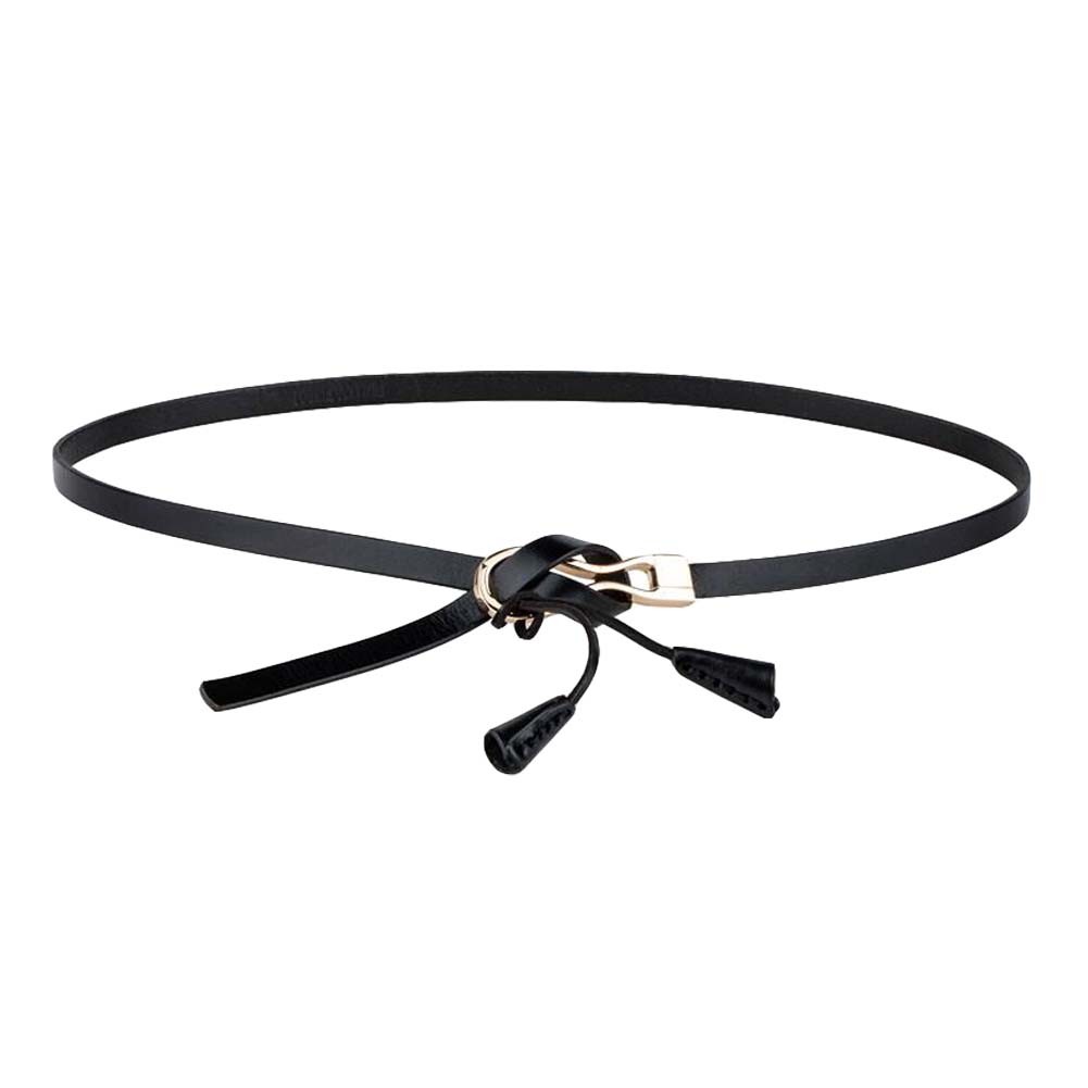 Black Alloy Buckle Slender Belt Tassels Waist Belt Straps Leather Skinny Belts