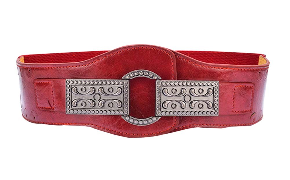 Retro Carved Buckle Waist Closure Belt Female Belt Waist Elastic Belts ,Red