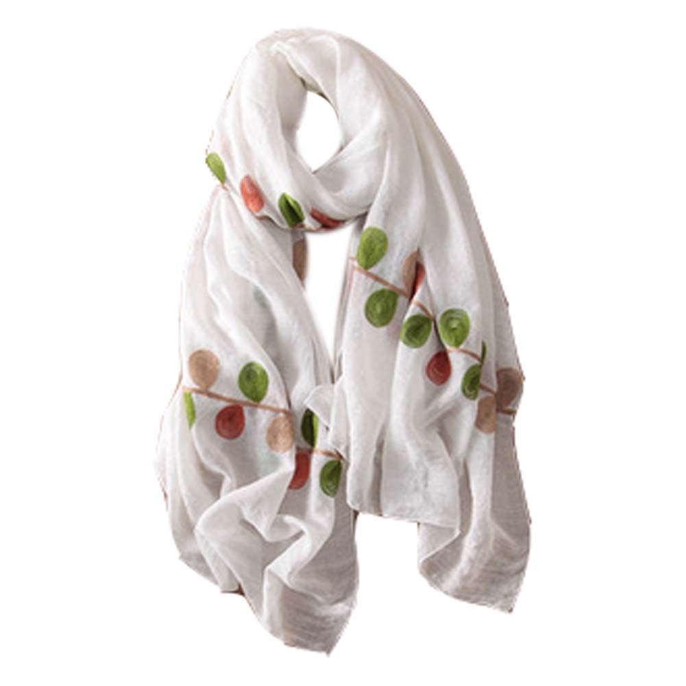 Lightweight Soft Scarf/Fashion Shawl for Lady/Embroidery Scarf,Leaves,Pure White