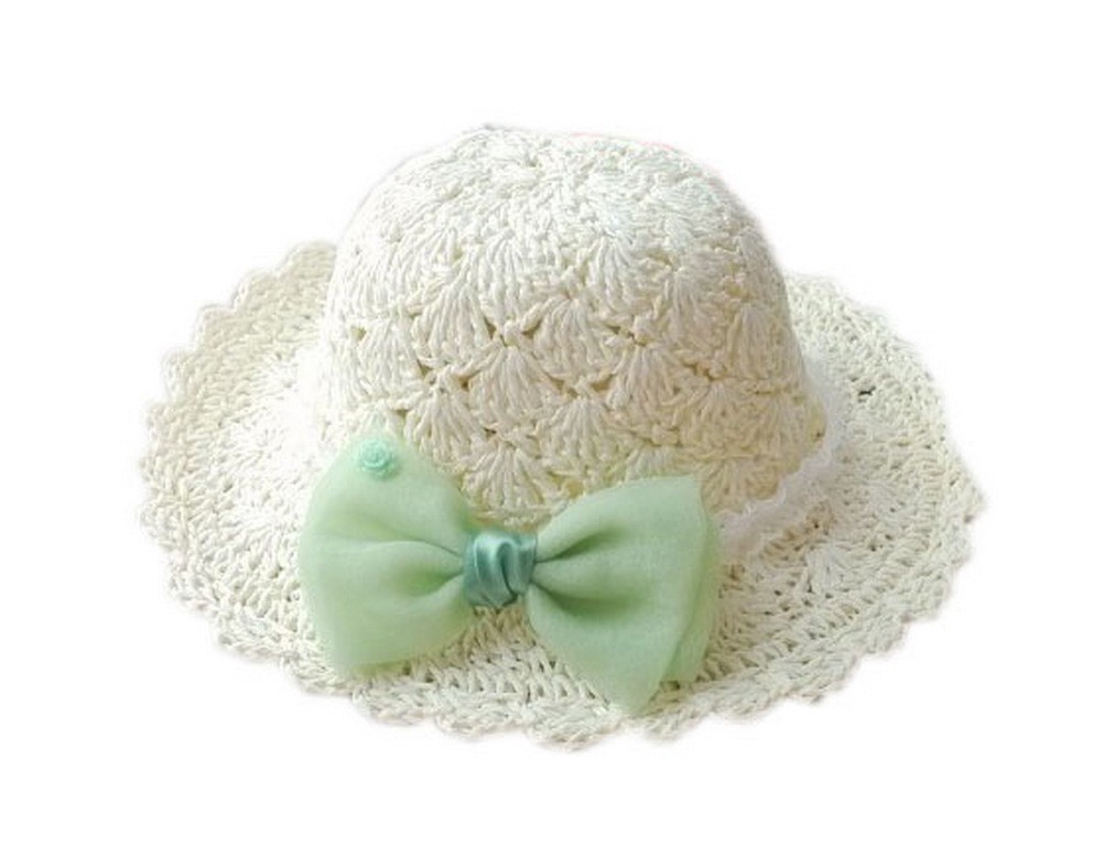 Crochet Green Bow Knot White Straw Hat for Toddler Girls