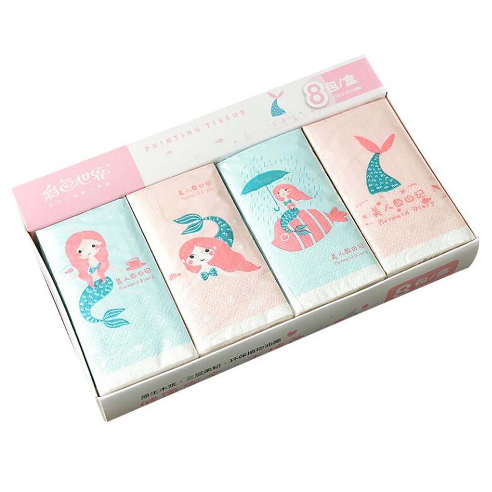 8 Bags Cute Mermaid Print Facial Tissue Pocket Tissue for Wedding Party Favors Daily Use, Pink Blue