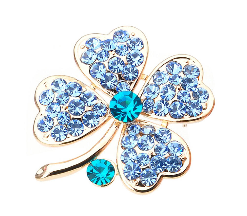 Women Gifts Fashion Four-leaf Clover Crystal Brooch Pin BLUE