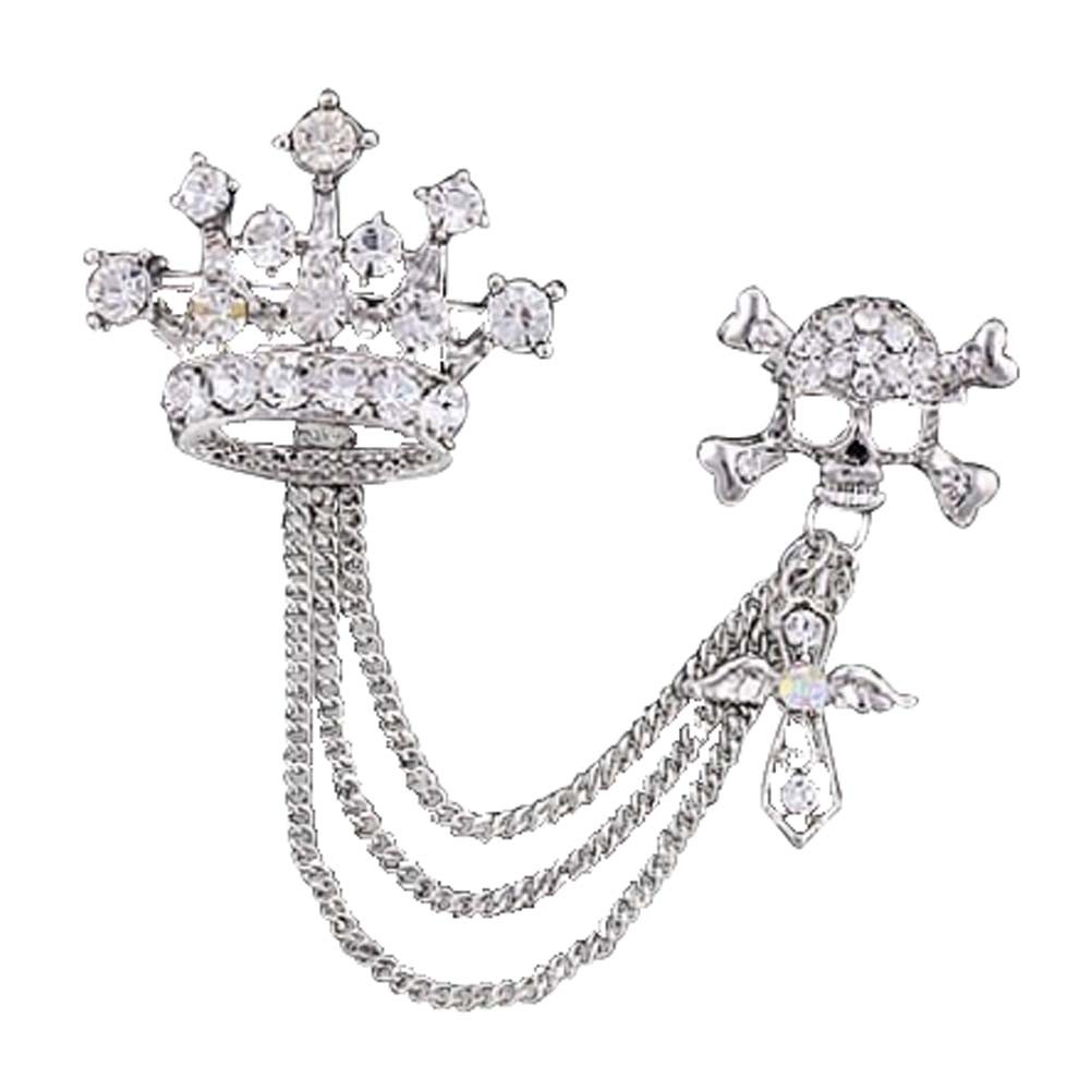 Crown and Bones Pattern with Chain and Rhinestone Decoration Brooch