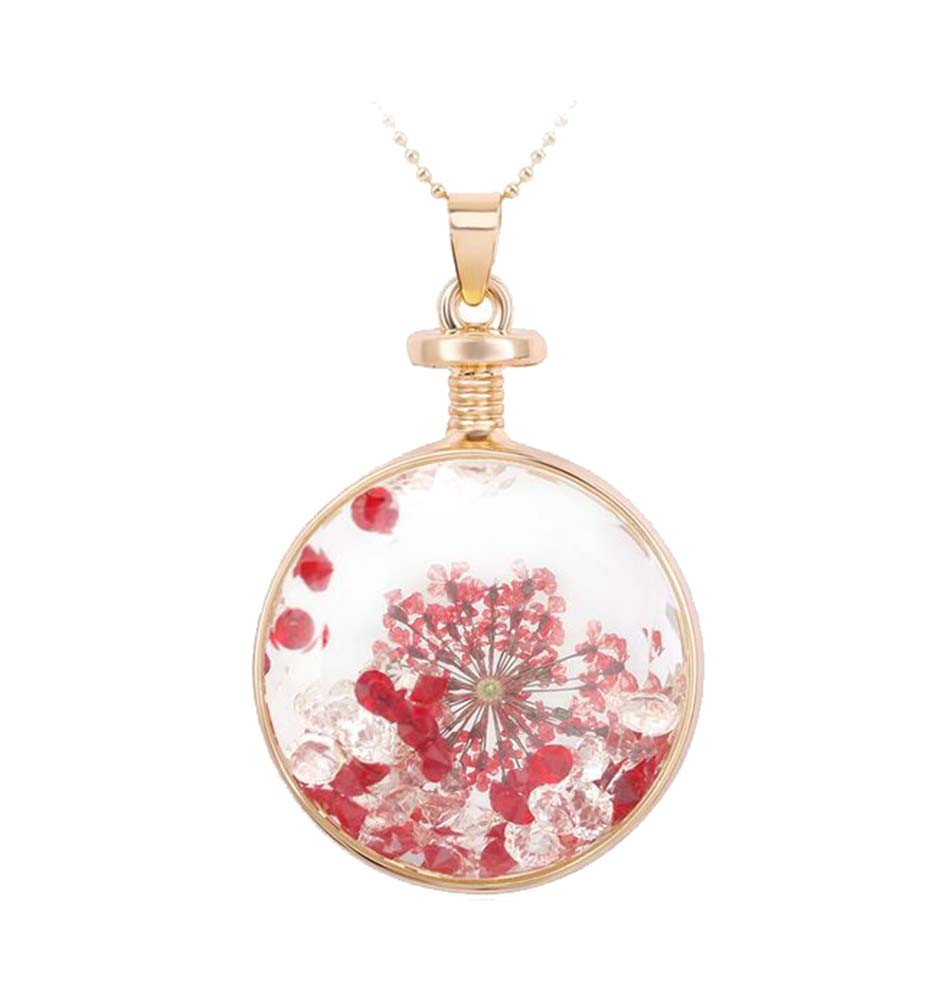 2 Pieces Of Fashion Red Flowers Immortalized Crystal Pendant Necklace