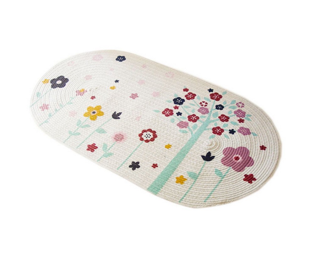 Japanese Style Cotton Braided Rug Oval Shape Flowers & Tree Door Mat